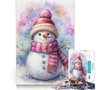 Watercolor Snowman with Pink Scarf And Hat Jigsaw 1000 Pieces for Teenagers Memory Train Fun Clean Seamless Connection Relaxing Indoor Group Activity (38x52cm)