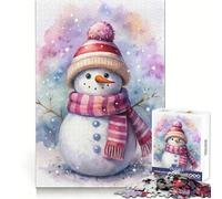 Watercolor Snowman with Pink Scarf And Hat Puzzles for Teenagers 1000 Piece Intellect Skill Tranquil Escape Clean Join (50x75cm)