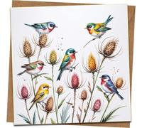 Watercolor Songbirds & Thistles Greeting Card, 145 x 145 mm Square Blank Card with Kraft Envelope, Botanical Birds Design for Birthday, Thank You, Anniversary, Thinking of You