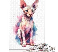 Watercolor Sphynx Cat Art Puzzles 500 Pieces Wooden Puzzles for Adults & Teenager Stress Relief Toys 500pcs (52x38cm)