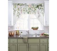 Watercolor Spring Floral Swag Valances for Kitchen Window, Eucalyptus Leaves Flowers Small Swag Curtains Drapes for Bedroom Bathroom Over Sink Rod Pocket Window Treatment Decor Valances, 56x36 Inch