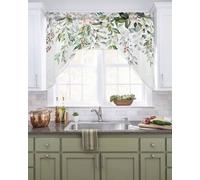 Watercolor Spring Floral Swag Valances for Kitchen Window, Eucalyptus Leaves Flowers Small Swag Curtains Drapes for Bedroom Bathroom Over Sink Rod Pocket Window Treatment Decor Valances, 56x36 Inch