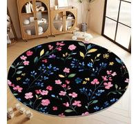 Watercolor Spring Flowers Leaves Round Rugs 100 cm Area Rug Washable Moisture Barrier Round Carpet, Black Soft Non-Slip Low Pile Circle Carpet - Entryway Office Bedroom Living Room Runner