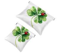Watercolor St Patrick Day Shamrock with Cute Ladybug Pocket Cosmetic Bag, Waterproof Squeeze Makeup Bag No Zipper Self-Closing, Portable Mini Travel Storage for Headphones Jewelry