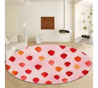 Watercolor Strawberry Pattern Washable Round Rugs Diameter 120 cm, Soft Shaggy Low-Pile Indoor Carpet - Large Non Slip Pink Area Rug for Living Room Bedroom Playroom Dining Room
