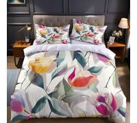 Watercolor Style Cover Set 290x235 cm Tulip flowers Microfibre Quilt Cover with 2 Pillowcases 50x75 cm and Zipper Closure, Easy Care Soft Bedding Set