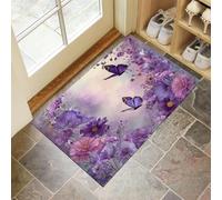 Watercolor Style Doormat - Inside And Outside Welcome Mat, Purple Indoor Front Doormat With Non-Slip Backing, Heavy Duty Entrance Mat, 60 X 90 Cm Flowers Butterflies