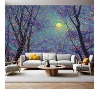 Watercolor Style Murals Photo Wallpaper Starry Sky, Moon and Tree Non-Woven Premium Art Print Fleece Wall Mural Poster Picture Design Modern Boy Girl Bedroom Home Decor 350 x 256cm