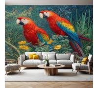 Watercolor Style Murals Photo Wallpaper Two Bright red Parrots Non-Woven Premium Art Print Fleece Wall Mural Poster Picture Design Modern Boy Girl Bedroom Home Decor 350 x 256cm