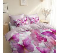 Watercolor Style Plants Butterflies Duvet Cover King 230 x 220 cm, with 2 Pillowcases, Light Pink Ultrasoft Hypoallergenic Quilt Easy Care, Washable - Reversible Design For All Seasons