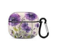 Watercolor Style Purple Flowers Bluetooth Earbuds Case Cover Full Body Shockproof Protection Hard Case Support Wireless Charging with Keychain Personalized Gift for AirPods 3
