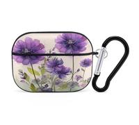 Watercolor Style Purple Flowers Earbuds Organizer Shockproof Protective Airpods Pro Cover with Carabiner Clip Anti Fall Carrying Earphone Case Cover for Airpods Pro 2nd Generation Black