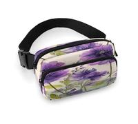 Watercolor Style Purple Flowers Fanny Pack Belt Bag with Adjustable Strap Fashion Waist Bag for Outdoor Sports Hiking, white, 20x13cm, Full Printed Waist Bag