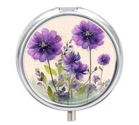 Watercolor Style Purple Flowers Pill Box 3 Compartment Round Small Pill Box for Pocket Purse Metal Travel Pill Case Portable Daily Pill Organizer Cute Compact Medicine Organizer Mini Pill Container