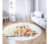 Watercolor Style Round Rug 160cm Cute Lion Cat Print Washable Low Pile Non-slip Thin Circle Carpet for Cabinet Bathroom Hallway Playroom