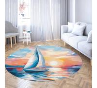 Watercolor Style Washable Round Rug 90cm Sunset Scenery Sailboat on the Sea Non-Slip Carpet Indoor Floor Mats Low Pile for Entryway