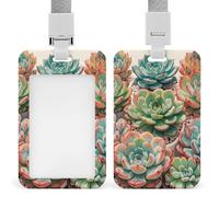 Watercolor Succulent Flower Badge Holder Vertical Name Tag Holder Waterproof ID Protector Cover with Durable Detachable Lanyard for Office Factory Teachers