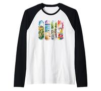 Watercolor Summer Farm Beach Bike Basketball Art Raglan Baseball Tee