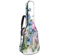 Watercolor Summer Meadow Flowers Butterfly Dragonfly Acoustic Guitar Gig Bag, 1 cm Thick Padding Waterproof Guitar Case Backpack with Dual Adjustable Shoulder Strap for 40-42 Inch Guitar