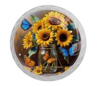 Watercolor Sunflower Flowers Vase 4 PCS Cabinet Knobs, Round Crystal Glass Decoration ABS Material Kitchen Hardware, Furniture Drawer Knobs Cupboard Single Hole Pull Handles