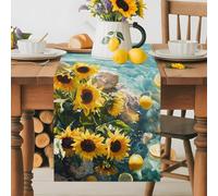 Watercolor Sunflower Lemon Table Runner 72 Inches Long, Gradient Blue Water Ripple Washable Table Runners Heat-Insulation Kitchen Dining Table Decorations for Home Party Decor 13x72in