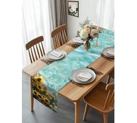 Watercolor Sunflower Lemon Table Runner 90 Inches Long, Gradient Blue Water Ripple Washable Table Runners Heat-Insulation Kitchen Dining Table Decorations for Home Party Decor 13x90in