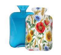 Watercolor Sunflowers Poppies Cornflower Hot Water Bottle with Cover, 2L PVC Hot Water Bag with Soft Cover, Reusable Heating Pad for Pain Relief Warm Hands Waist Abdomen Feet & Bed