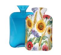 Watercolor Sunflowers Poppies Hot Water Bottle with Cover, 2L PVC Hot Water Bag for Pain Relief, Hand Foot Warmer, Hot & Cold Therapy with Removable Cover, Gift for Women Kids Family