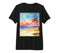 Watercolor Sunset on Tropical Beach with Lone Palm Tree Premium T-Shirt
