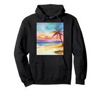 Watercolor Sunset on Tropical Beach with Lone Palm Tree Pullover Hoodie
