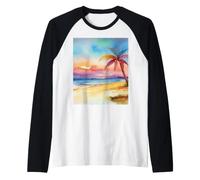 Watercolor Sunset on Tropical Beach with Lone Palm Tree Raglan Baseball Tee