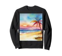 Watercolor Sunset on Tropical Beach with Lone Palm Tree Sweatshirt