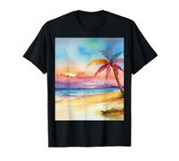 Watercolor Sunset on Tropical Beach with Lone Palm Tree T-Shirt