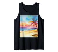 Watercolor Sunset on Tropical Beach with Lone Palm Tree Tank Top