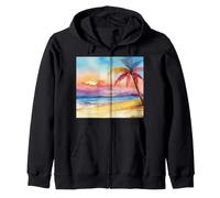 Watercolor Sunset on Tropical Beach with Lone Palm Tree Zip Hoodie