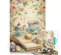 Watercolor Tea Party with Flowers And Book Jigsaw Puzzles for Adults 1000 Think Boost Game Precise Interlock Structure Easy to Learn Family Enjoyment (38x26cm)