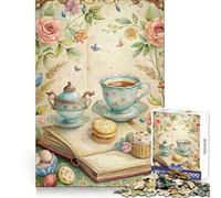 Watercolor Tea Party with Flowers And Book Jigsaw Puzzles for Adults1000 Pieces Brain Stimulation Mind Calming Fun Premium Cut Lovely Gift (50x75cm)