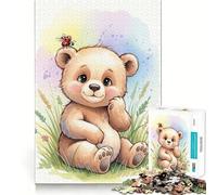 Watercolor Teddy Bear with Ladybug Jigsaw Puzzles 1000 Pieces Focus Boost Fun Laser Cut for Flawless Fit Bonding Activity for Loved Ones (38x52cm)
