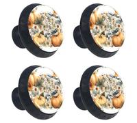 Watercolor Thanksgiving Pumpkin Birds Leaves Flowers Cabinet Knobs, 35mm Round Glass Knobs for Dressers and Drawers, Decorative Handles Pulls for Home Kitchen Bedroom, 4 Pack