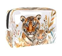 Watercolor Tiger and Cub Cosmetic Bag for Women, Travel Toiletries Bags Large PVC Makeup Handy Pouch Organiser with Zipper