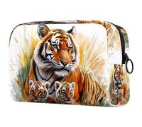 Watercolor Tiger and Cubs Cosmetic Bag for Women, Travel Toiletries Bags Large Makeup Handy Pouch Organiser Bag with Zipper