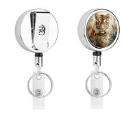 Watercolor Tiger Pattern Badge Reel Retractable Stainless Steel Badge Clip with Lanyard Cute Badges Reel Holder Heavy-Duty Nurse Doctor Name Tag Badges Clip for Work