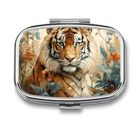 Watercolor Tiger Pattern Pill Box - 2 Compartment Travel Pill Organizer with Small Mirror, Portable Pillcase for Pocket & Purse, Cute Square Medicine Case, Weekly Medicine Container