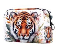 Watercolor Tiger with Flowers Cosmetic Bag for Women, Travel Toiletries Bags Large Makeup Handy Pouch Organiser Bag with Zipper