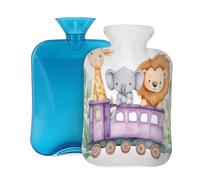 Watercolor Train Elephant Giraffe Lion Hot Water Bottle with Cover, 2L PVC Hot Water Bag with Soft Cover, Reusable Heating Pad for Pain Relief Warm Hands Waist Abdomen Feet & Bed