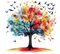 Watercolor Tree Wall Stickers, Colorful Autumn Tree with Birds and Falling Leaves, Removable Self-Adhesive Wall Art Decals for Living Room, Bedroom, and Office Decor
