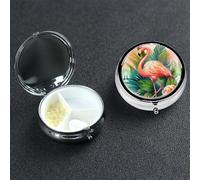 Watercolor Tropical Flamingo Pill Box 3 Compartment Round Metal Pill Case for Purse & Pocket, Portable Medicine Organizer Travel Pillbox Daily Pill Container Holder to Hold Vitamins, Fish Oil