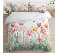 Watercolor Tulips Cherry Blossoms Duvet Cover Set Spring Flowers Bedding Set, King Size Comfortable Duvet Cover Set White Breathable Quilt Covers 230 x 220 cm Bedding Set And 2 Pillow Case With Zipper