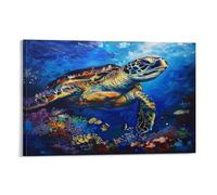 Watercolor Turtle Canvas Wall Art, Abstract Ocean Coral Nature Animal Picture Painting on Canvas, Print Poster Decoration Artwork for Home Living Room Bedroom Wall Decor Frame 24x36inch(60x90cm)