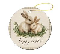 Watercolor Two Bunnies Greenery Wreath on Cream Christmas Tree Hanging Ornaments,2 Pieces, 7.2CM Round Double-Sided